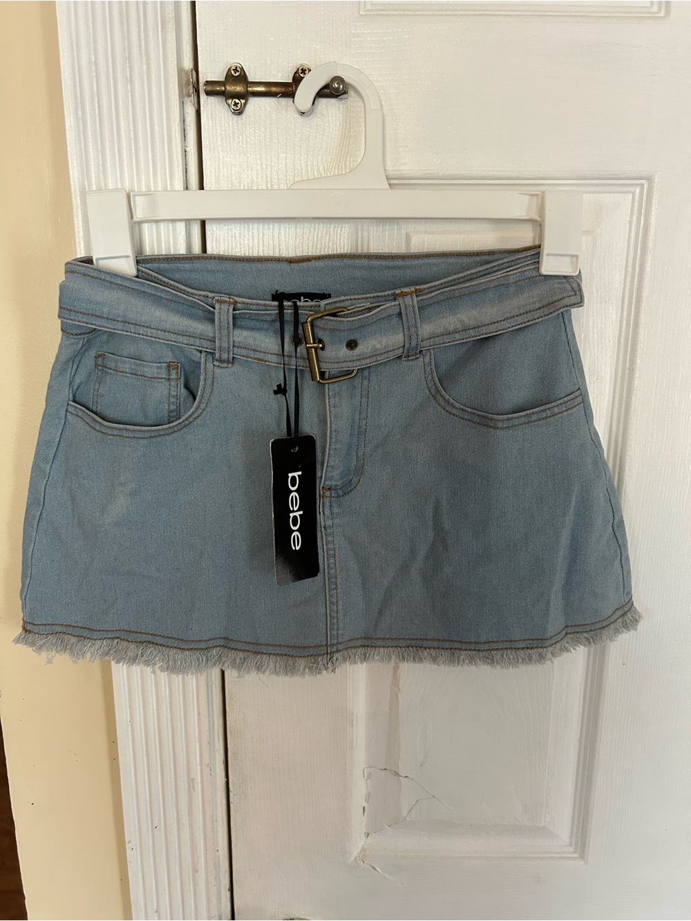 NWT bebe Light Blue Denim Mini Skirt with Belted Waist and Frayed Hem